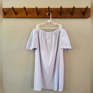 DO+BE Off-Shoulder Summer Dress | Light Blue and White Pinstripe